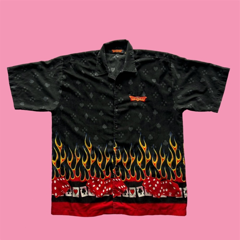 Vintage Y2K Flames Dice Cards AOP Short Sleeve Button Down XL
